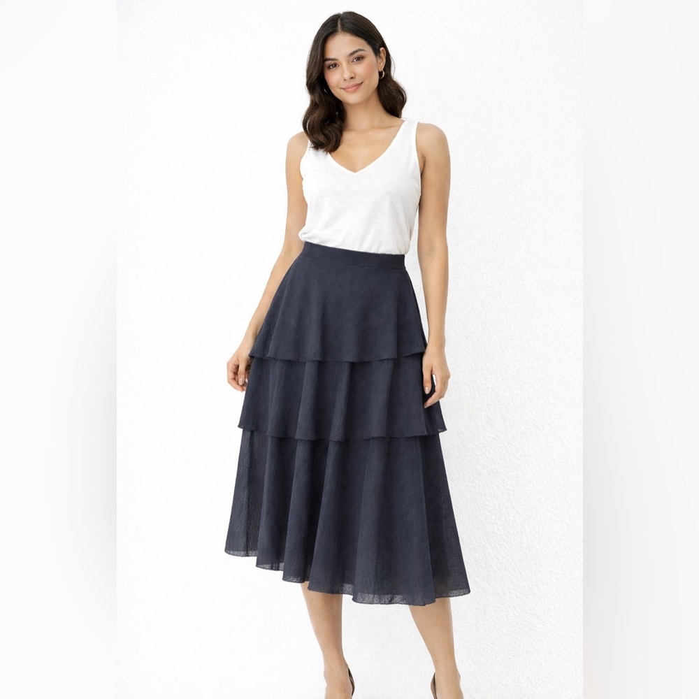 Ann Taylor Tiered Midi Skirt Navy Blue Layered Chiffon A-Line Size 2 NWT Style